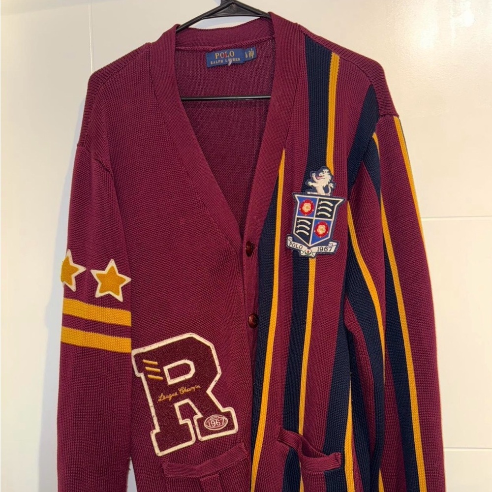 Ralph Lauren Burgundy Navy/Yellow Letterman Varsity Collegiate cardigan men L